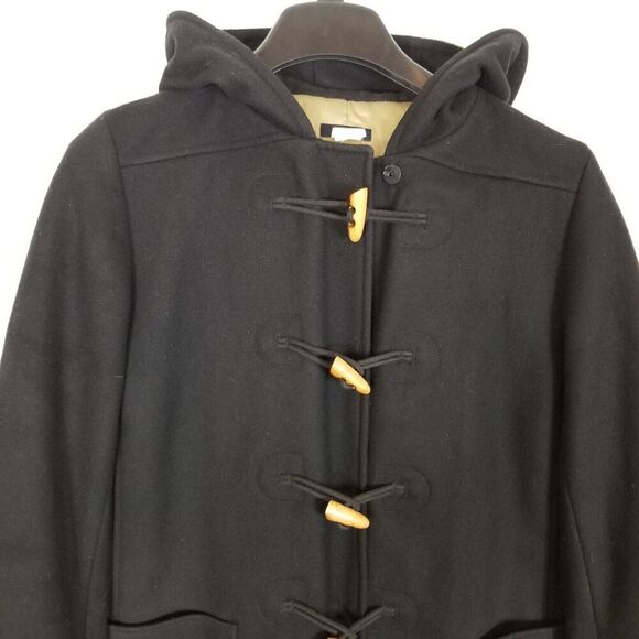 J.Crew Women Wool Blend Duffle Coat Size S Black Hooded Button Up Trench Jacket - Picture 2 of 8